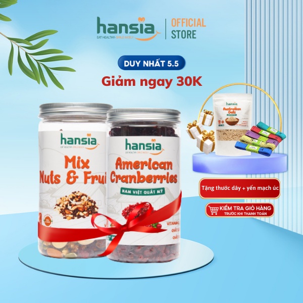 Combo Phục Hồi Sức Khỏe Organic HANSIA Gồm Mix Nuts&amp;Fruits Và Nam Việt Quất Bổ Sung Dinh Dưỡng Thơm Ngon 300-500g/Hộp