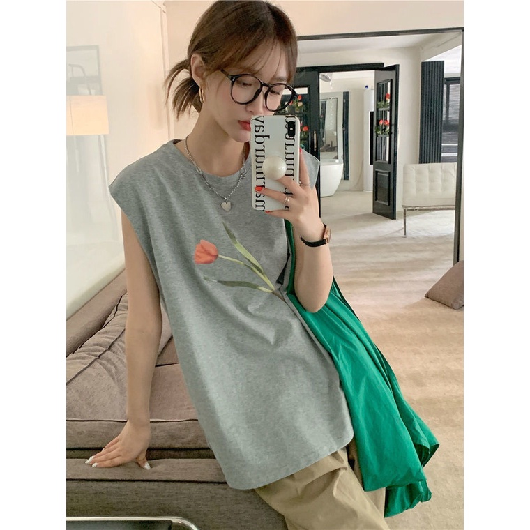 Jiashucheng Áo Thun Nữ Không Tay In Hình Hoa Tulip Phong Cách Hàn Quốc Mới