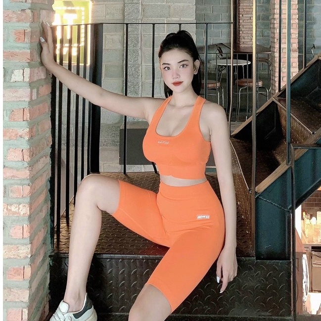 Set bộ đồ tập gym yoga nữ dệt kim áo bra kèm mút lót, quần đùi ngố chun mông cao cấp Bin Sports BL025