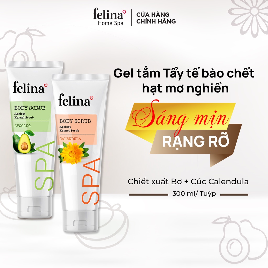Combo 2 Gel tắm tẩy tẩy tế bào chết body Felina Home Spa hạt mơ nghiền 300ml/tuýp - da sáng mịn sạch mụn