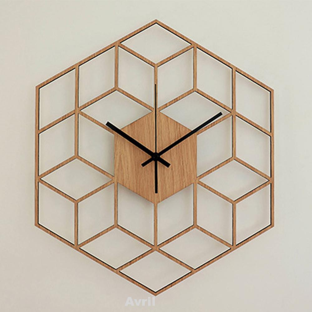 Bamboo Wood Battery Operated Geometry Hollow Home Decor Silent Office Large Wall Clock