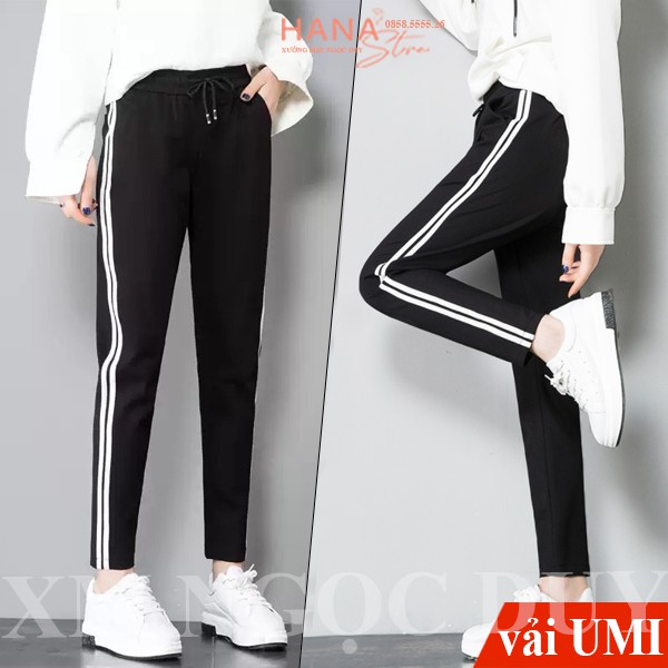 Quần Jogger thể thao nữ viền kẻ 2 sọc trắng có túi dây rút màu Đen - Quần jogger nỉ dài vải Umi co giãn tập gym thể dục