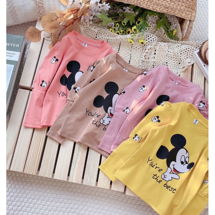 Bộ bé gái thu đông tay bồng chất cotton co dãn mịn đẹp in micky