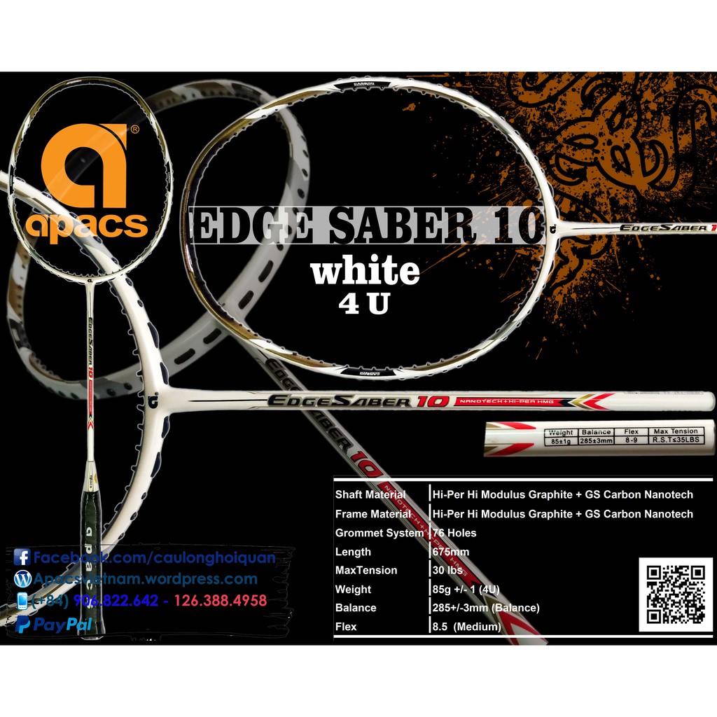 [Chính hãng] Vợt cầu lông Apacs Edge Saber 10 - 4U - sắc trắng bạch mã hoàng tử
