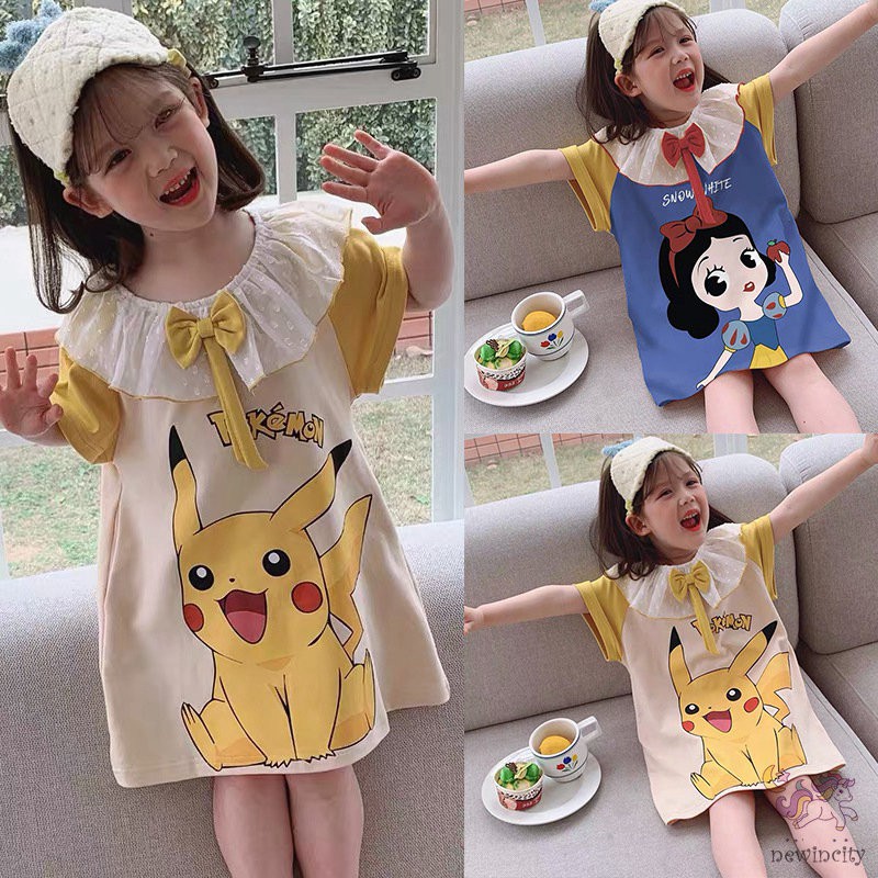 Đầm ngủ tay ngắn cổ bẻ in họa tiết hoạt hình đính nơ phối ren phong cách Hàn Quốc dễ thương cho bé gái