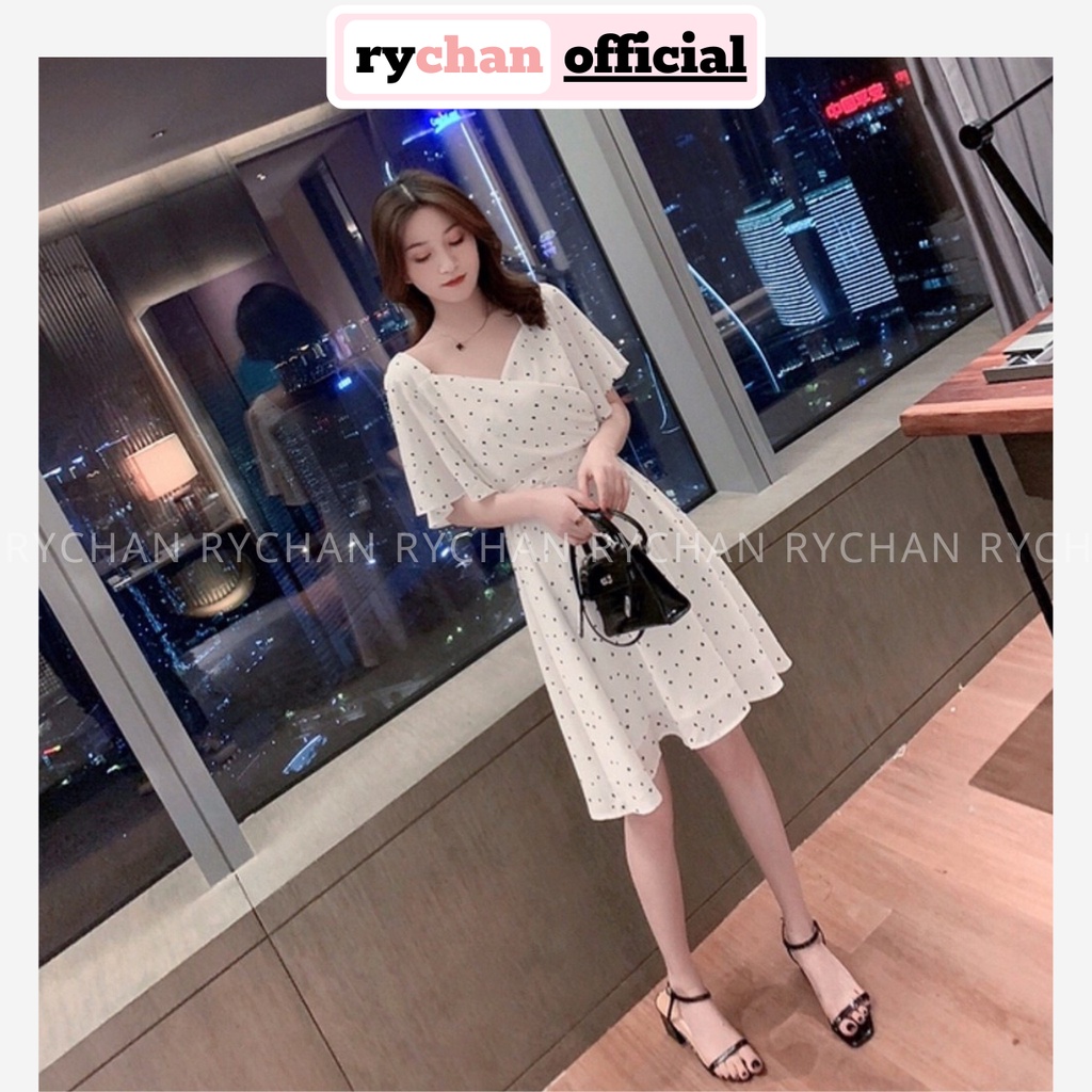 Đầm Xoè Bi Trắng Đắp Chéo Tay Loe Buộc Eo - DX9977