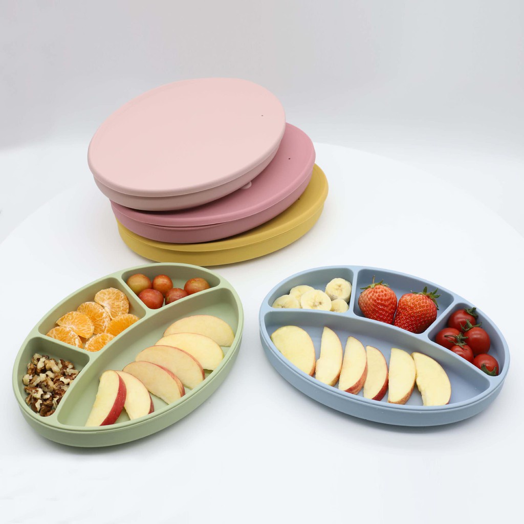 Khay ăn dặm silicone hình oval kèm nắp cho bé ăn dặm, đế hít chân không chống đổ chống lật