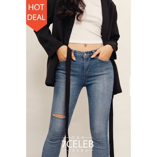 Quần jean nữ lưng cao skinny xanh nhạt rách đùi ống dài 7CELEB - JR014