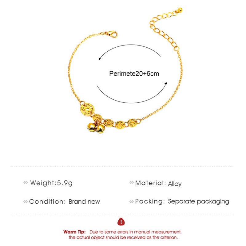 Chinese Style Copper Coin And Bead Bell Anklet For Women And Girls Gold Rose Gold Color Anklet Length 20+6cm
