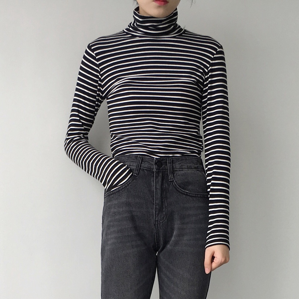 ÁO TAY DÀI BODY CỔ LỌ SỌC KẺ STYLE HÀN QUỐC