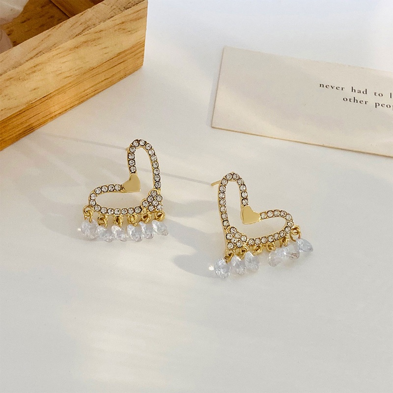 Bông Tai Dạng Tua Rua Hình Trái Tim Đính Đá Zircon Thời Trang Sang Trọng YOUYO