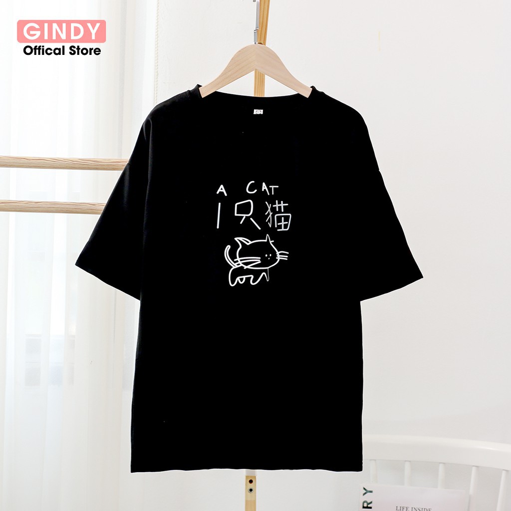 Áo phông thun lạnh nữ GINDY cổ tròn tay lỡ unisex basic in hình  linh miêu chất liệu co giãn, thoáng mát A053