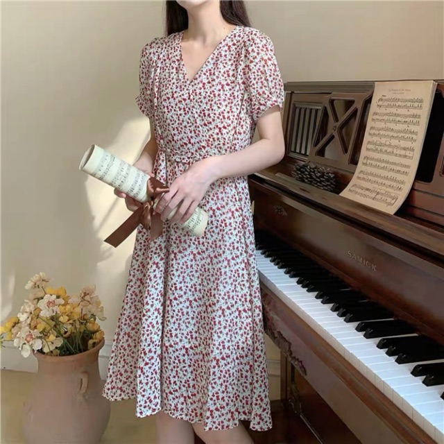 Váy hoa nhí cổ chéo Ulzzang 🌸 VKE8008 Hàng Quảng Châu | BigBuy360 - bigbuy360.vn