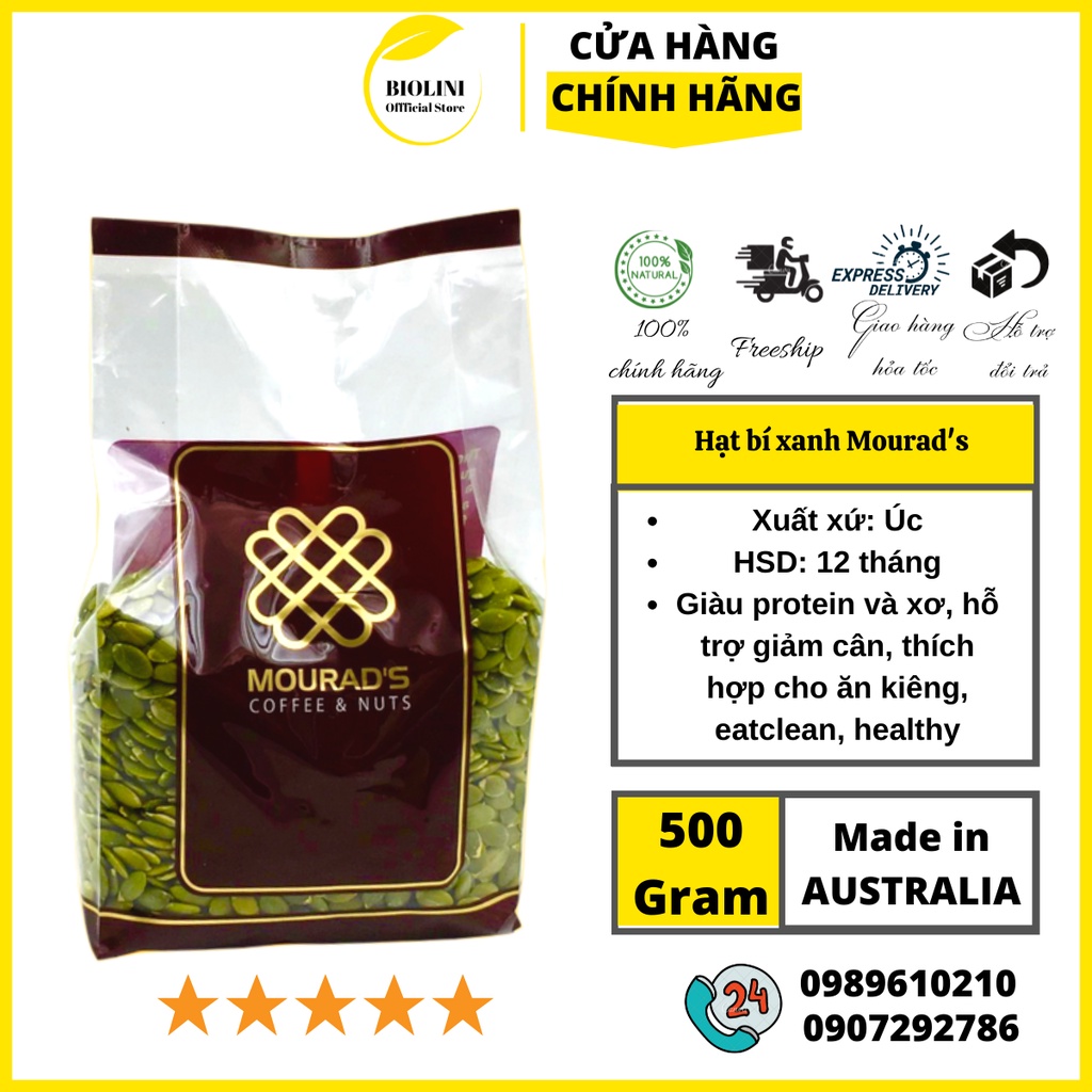 Hạt bí xanh Úc- Hạt bí xanh Mourad’s nhập khẩu từ Úc 500g, date mới, giòn ngon, thơm béo.