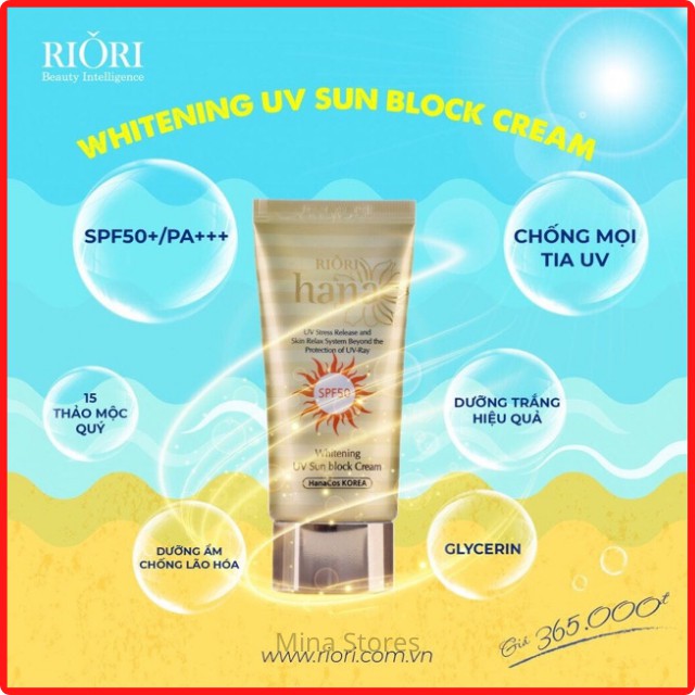 [Tặng 1H Mặt Nạ 126k] Kem Chống Nắng Không Trôi Dành Cho Da Dầu Mụn RIORI Whitening UV Sun Block Cream SPF 50+/PA+++ 50g
