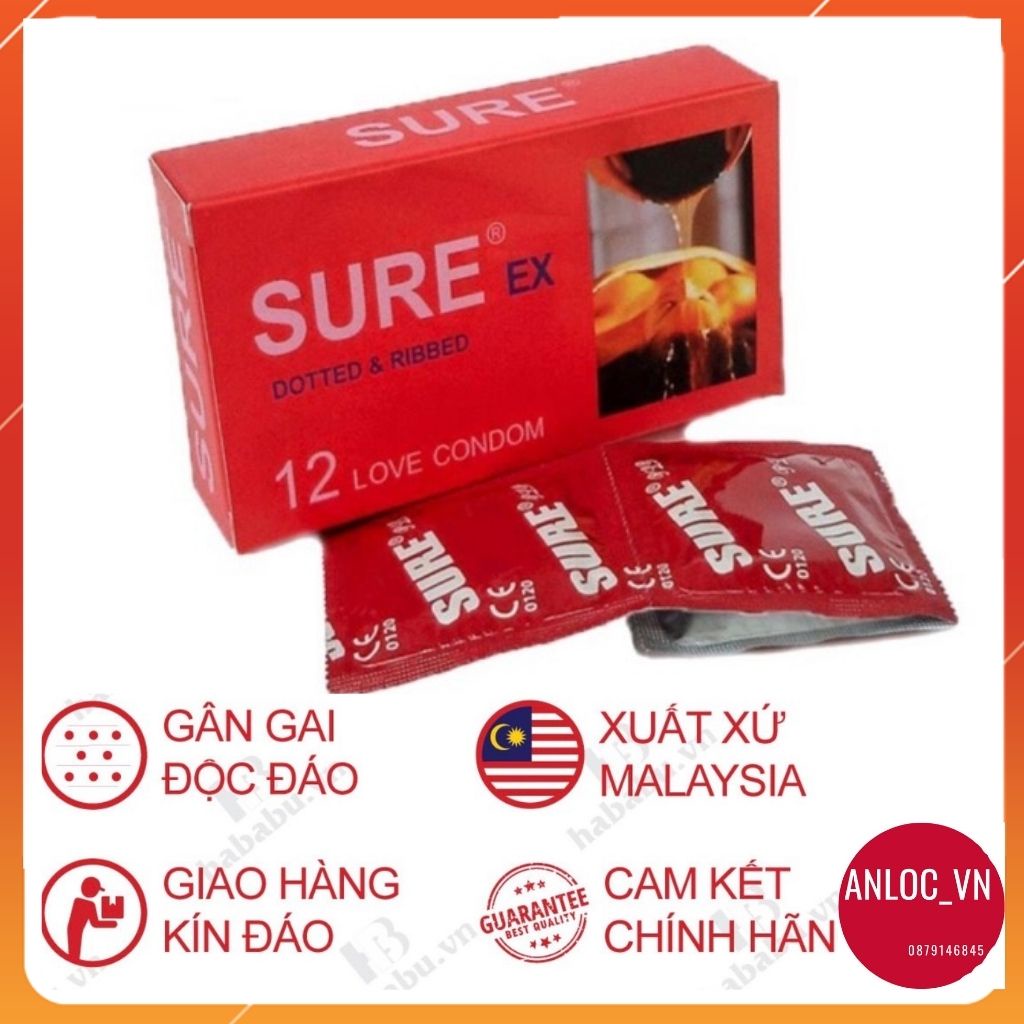 Bao cao su Sure bcs gai li ti tăng khoái cảm siêu mỏng dai ôm sát nhiêu gel bôi chơn cho cảm giác thật hộp 12 cái