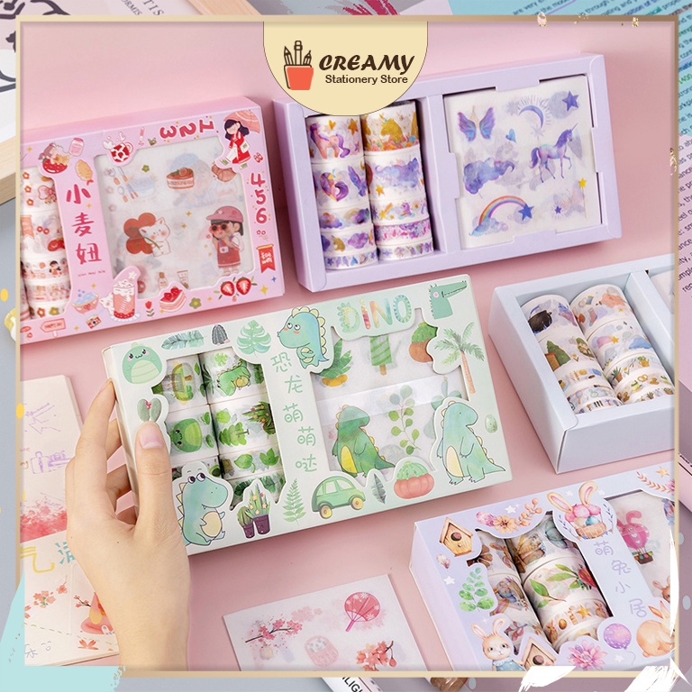 Hộp 10 cuộn washi tape + sticker nhiều hình cute dễ thương, băng dính washi tape CREAMY
