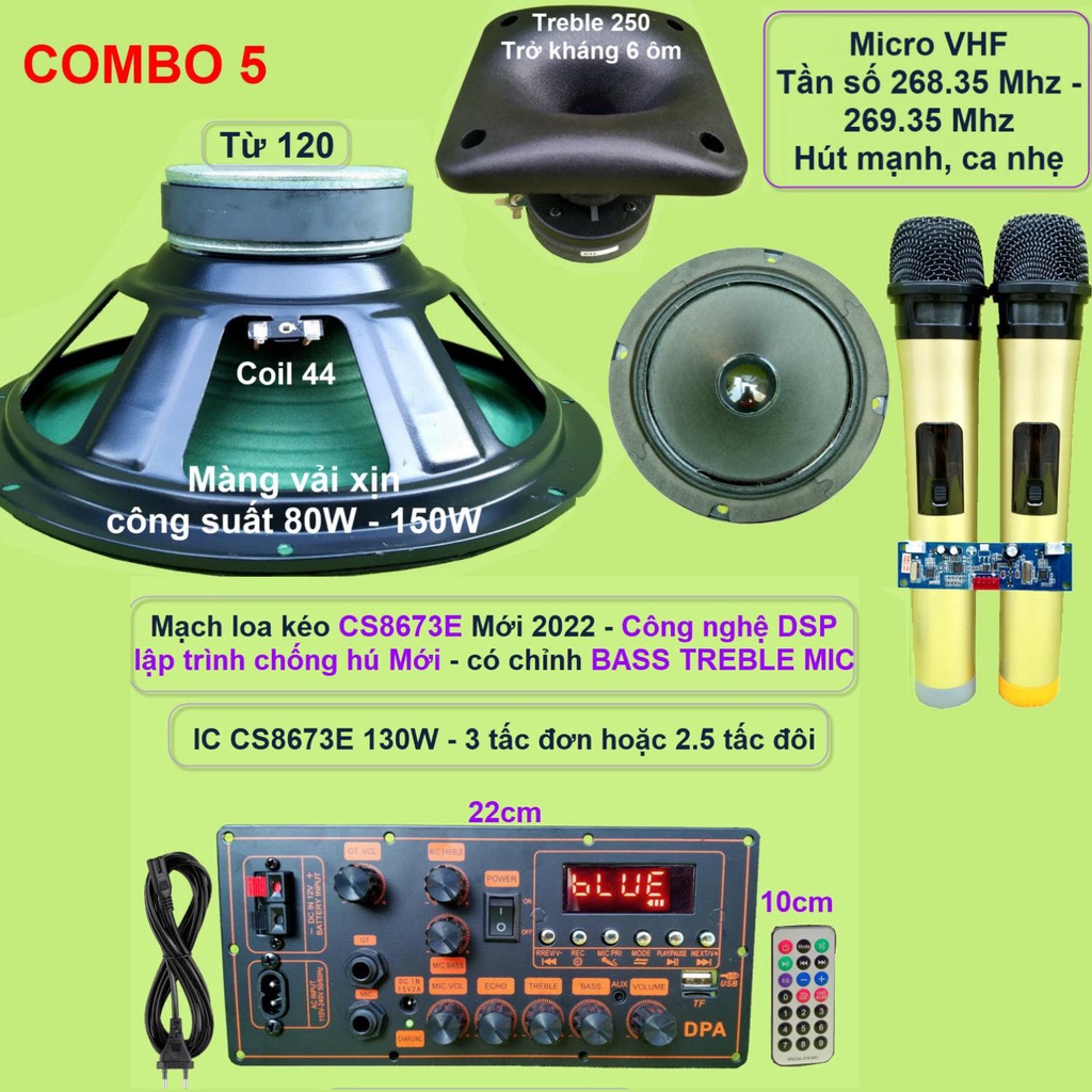 Mạch loa kéo 3 tấc đơn CS8673E 130W DSP lập trình chống hú có chỉnh Bass Treble Micro, nguồn xung 220V