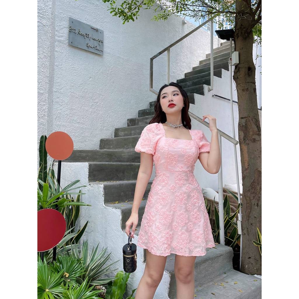 Đầm xòe cổ vuông tay phồng hoa nổi trẻ trung sang trọng Klein dress DD90