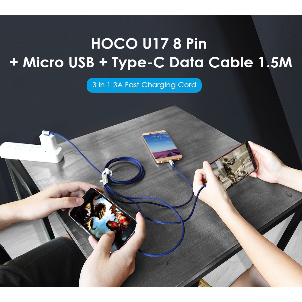 Cáp 3 đầu Hoco U17 - Lightning Và Micro USB - Type C- Dây 1.5 Mét - Chính Hãng