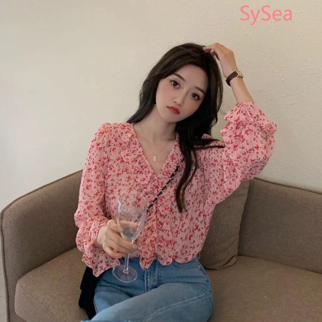 Áo Sơ Mi Voan Hoa Dài Tay Cổ Tim Thời Trang Mùa Thu Pháp Dành Cho Nữ