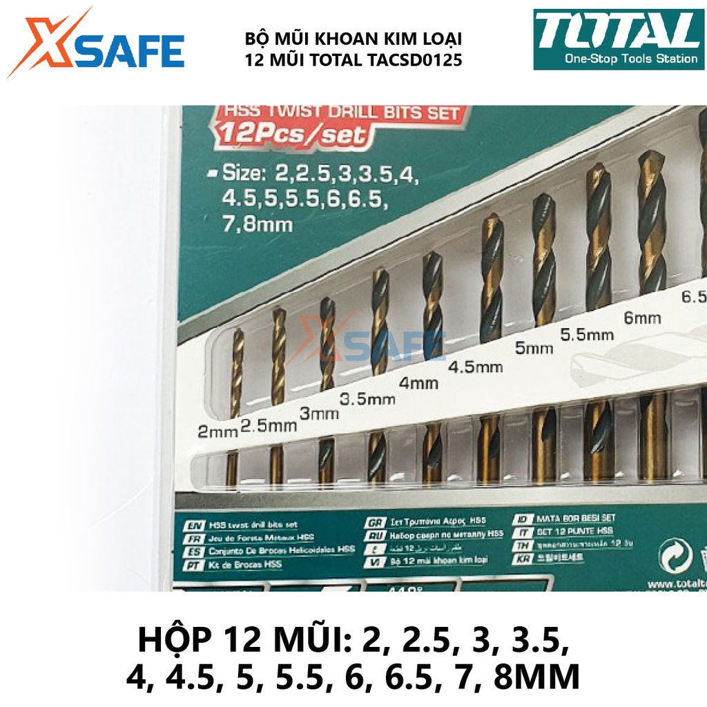 Bộ mũi khoan kim loại HSS 12 chi tiết TOTAL TACSD0125, dao phay ngón chất liệu thép HSS, khả năng chống mòn cao - xsafe