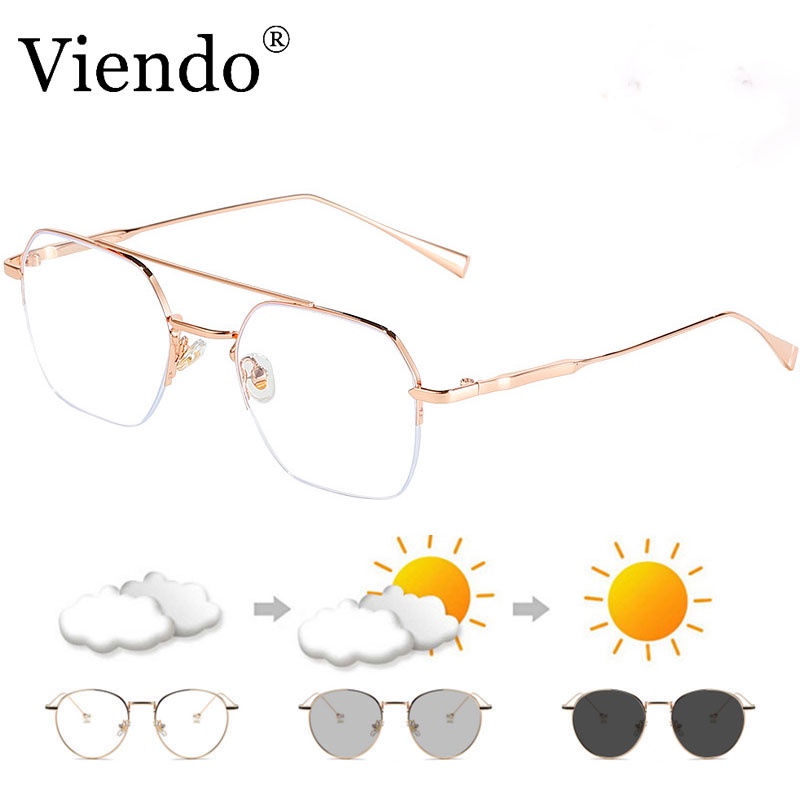 Mắt kính cận VIENDO bằng kim loại gọng vuông đổi màu chống ánh sáng xanh cao cấp thời trang