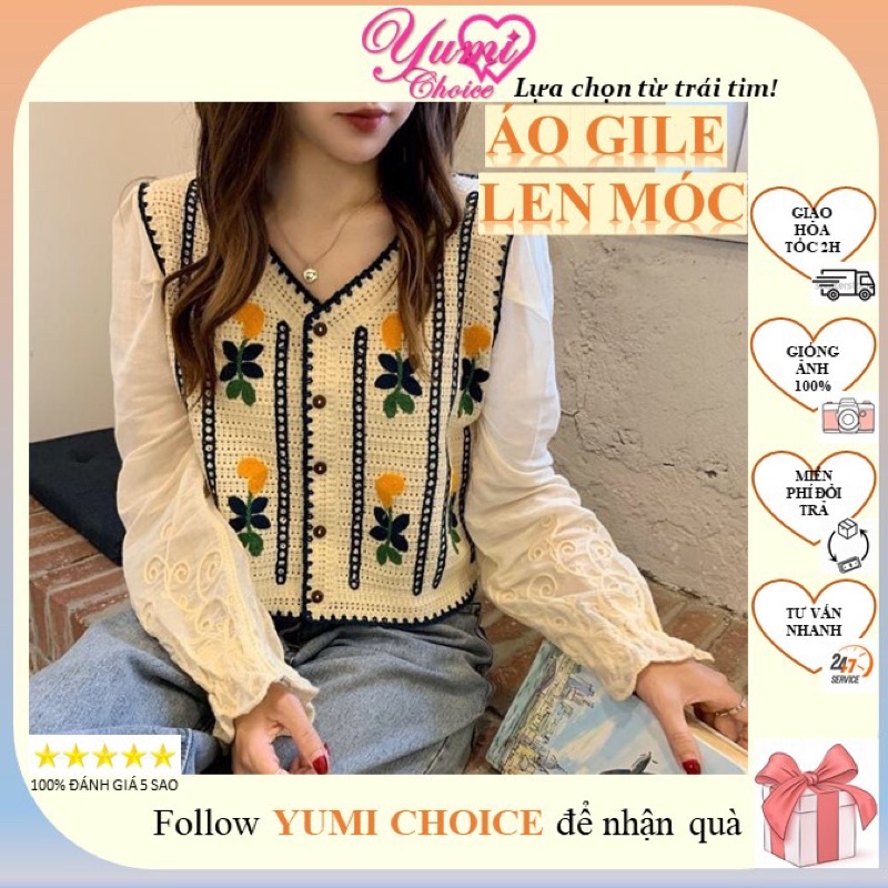 Áo gile nữ đẹp len móc vintage /FREESHIP/ Áo gile dệt kim dài đẹp form chuẩn- Áo gile hoa vàng cỏ xanh