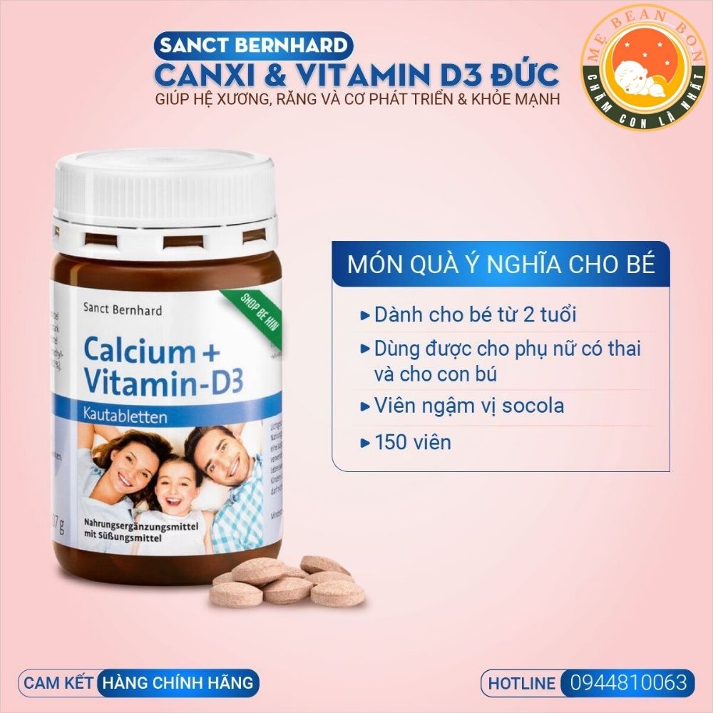Viên ngậm canxi Calcium Vitamin D3 Sanct Bernhard hàng Đức hương Socola 150 viên cho bé trên 2 tuổi và cả gia đình