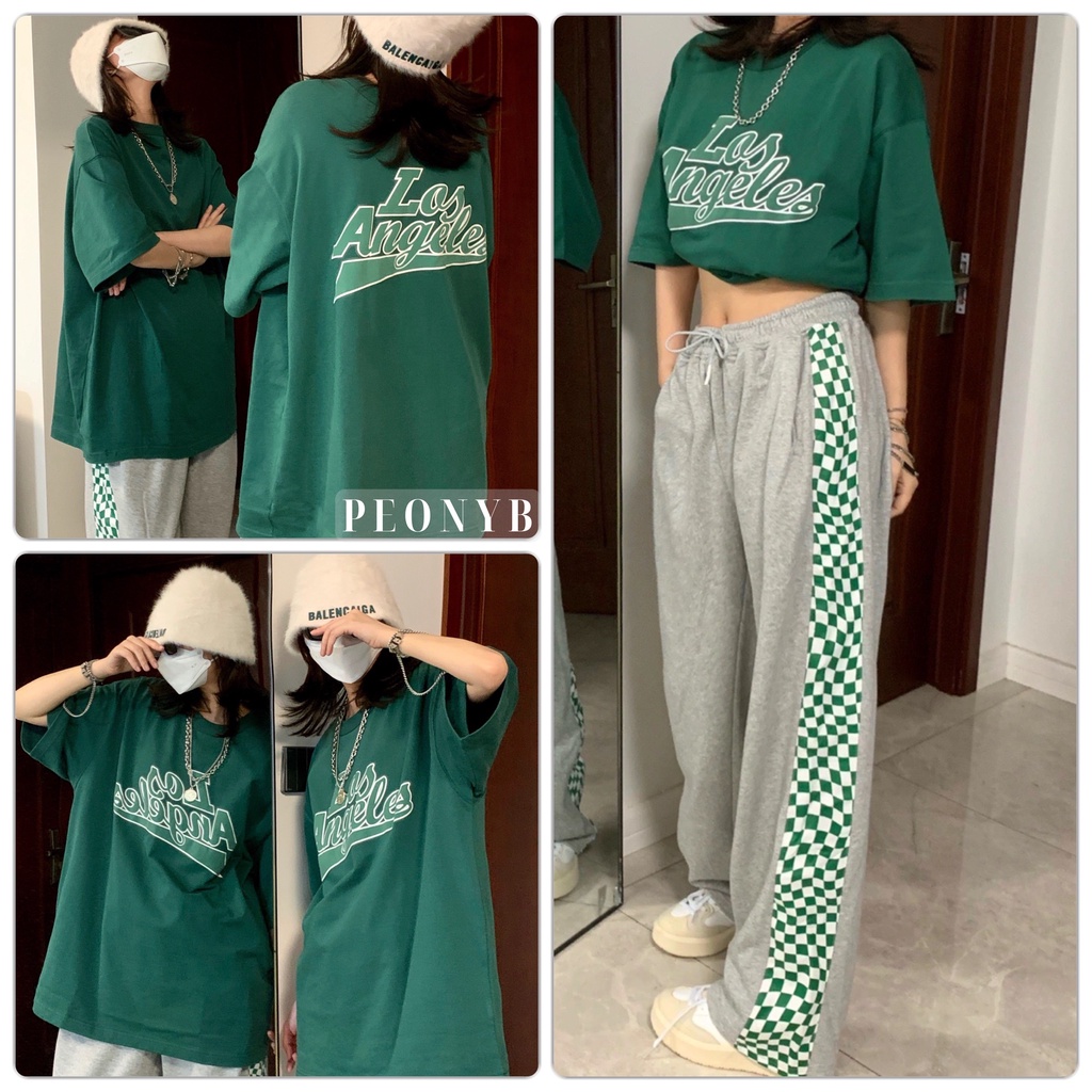 Set Kẻ Caro Xanh Los Angeles PEONYB Nữ [FREESHIP]  Bộ đồ quần culottes da cá kèm áo thun form rộng tay lỡ Ulzzang