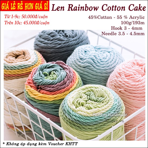 Len Rainbow Cotton Cake- Len đan móc khăn, nón Bảng màu 17 đến 28