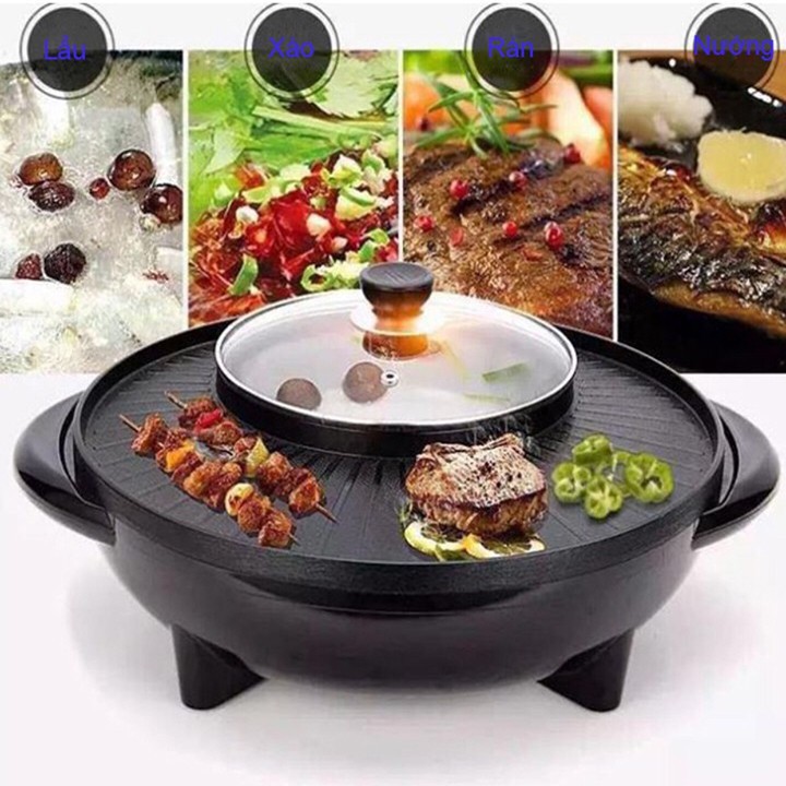 Bếp lẩu nướng điện 2 trong 1 BBQ, nồi lẩu nướng điện đa năng hình tròn