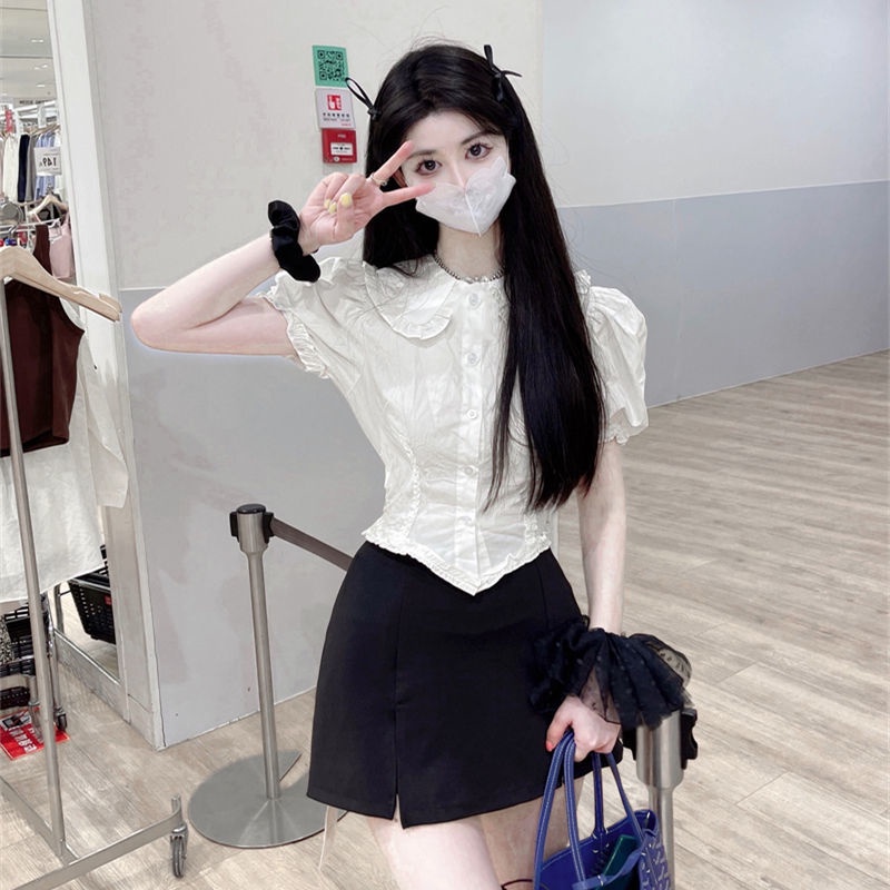Áo Sơ Mi Tay Ngắn Phồng Cổ Búp Bê Ôm Dáng Phong Cách Hàn Quốc Thời Trang Cho Nữ