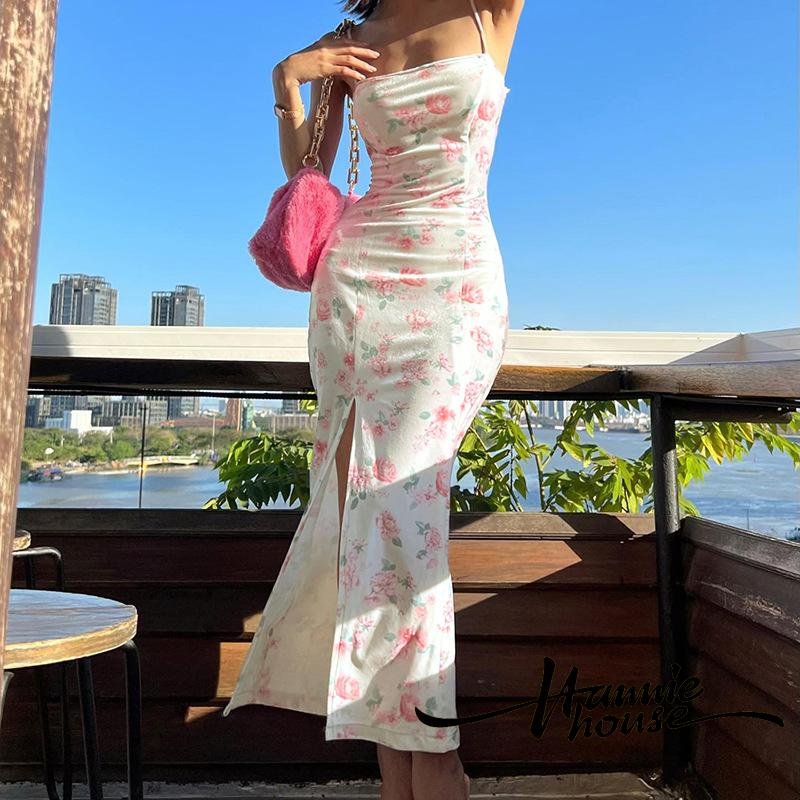Đầm Hai Dây Dáng Ôm Xẻ Tà In Họa Tiết Hoa Thời Trang Mùa Hè Cho Nữ