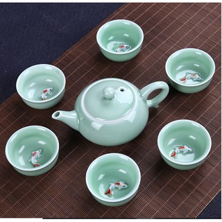 Bộ ấm chén pha trà cá 3D men ngọc