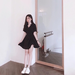 ĐẦM SƠMI ĐEN RÚT EO