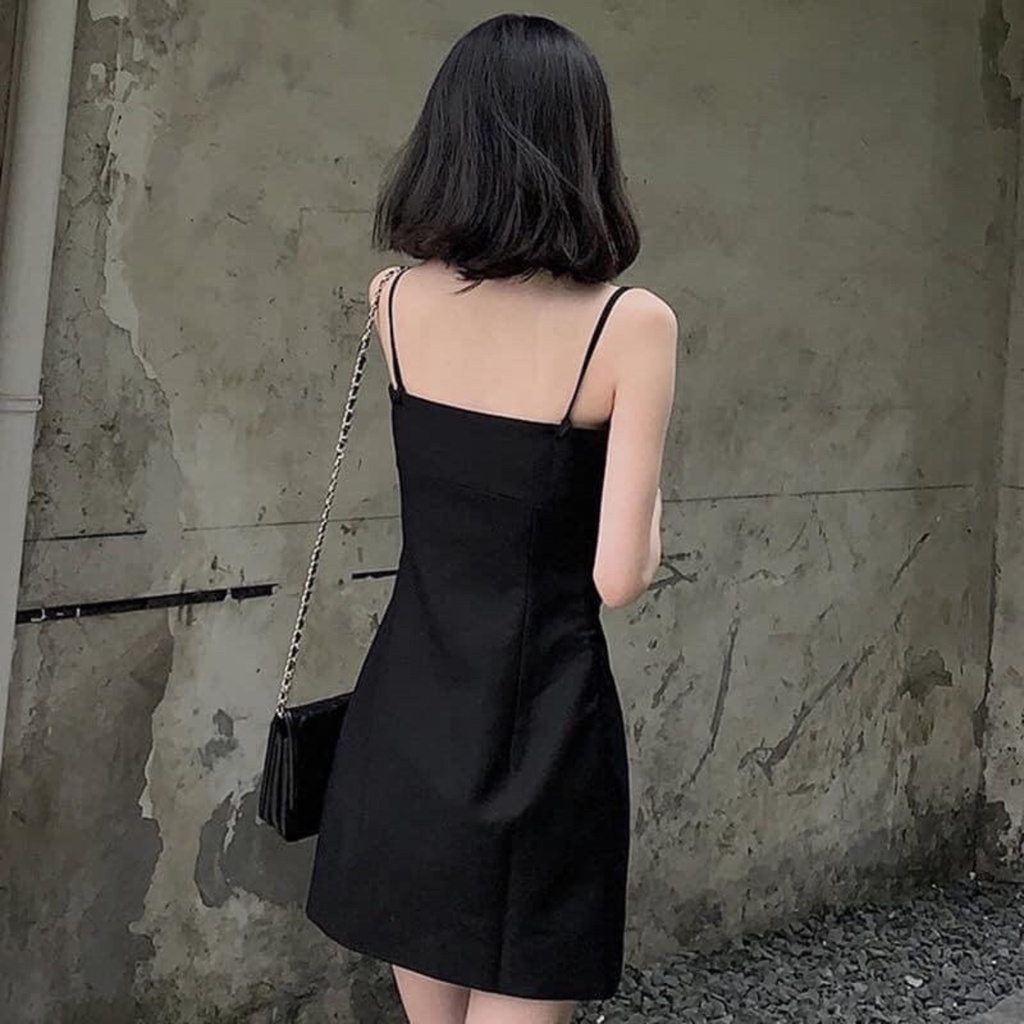 Váy nữ 2 dây trơn đen, đầm hai dây ôm body quyến rũ