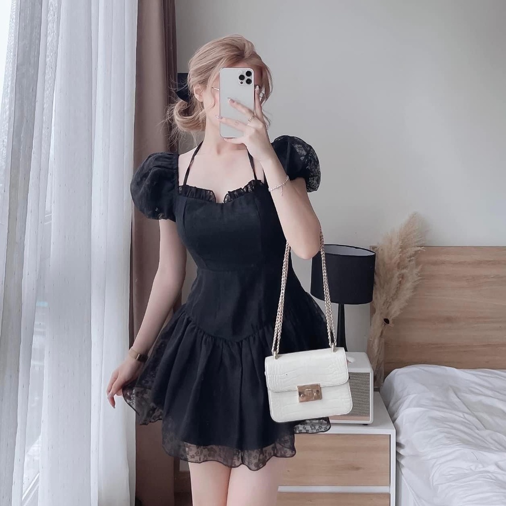 Đầm ren hoa cúc họa mi tay bồng váy nữ xòe dự tiệc DN326