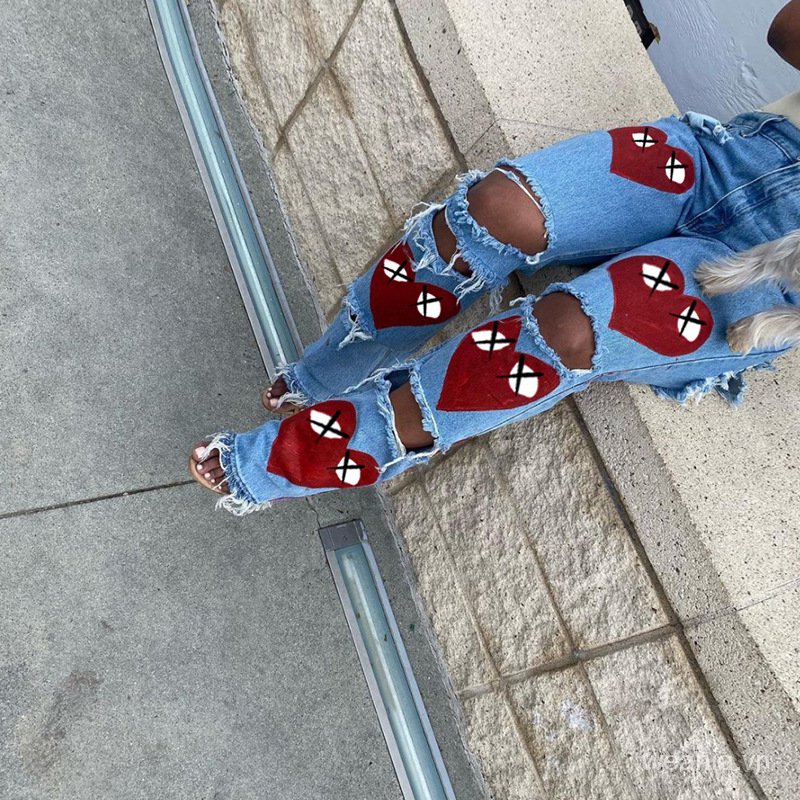 Quần Jean In Họa Tiết Trái Tim Phong Cách Đường Phố Cá Tính Cho Nữ