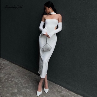MsMona Thời Trang Nữ Màu Trơn Trắng Tắt Vai Dây Thấp Cắt Quá Tay Nách Eo Slim Fit Gợi Cảm Tất Cả Trận Đấu Váy Maxi Gợi Cảm