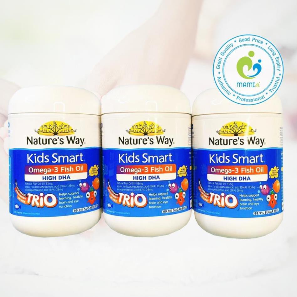 Viên mềm (60v/180v) bổ sung DHA phát triển trí tuệ bé từ 1 tuổi Nature’s Way Kids Smart Bursts Omega-3 Fish oil Trio, Úc