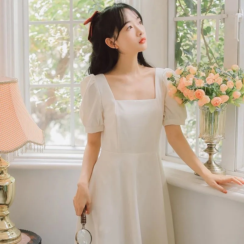 Đầm Cổ Vuông Tay Phồng Màu Trắng Phong Cách Mori Pháp Thời Trang Mùa Hè Mới Cho Nữ