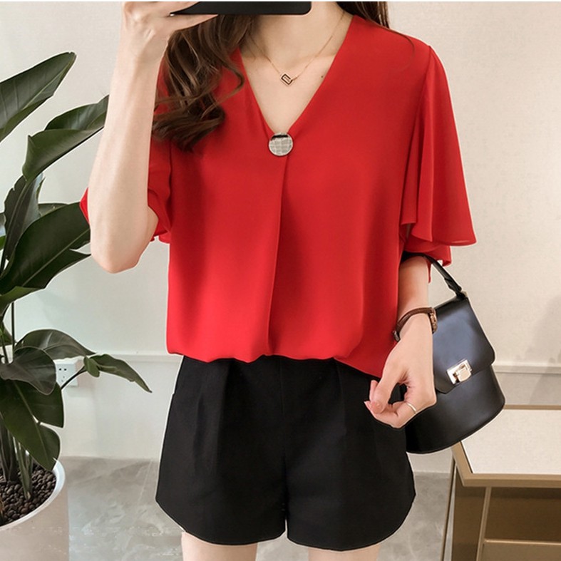 Áo Sơ Mi Chiffon Tay Ngắn Màu Trắng Có Size Lớn Phong Cách Thời Trang Hàn Quốc