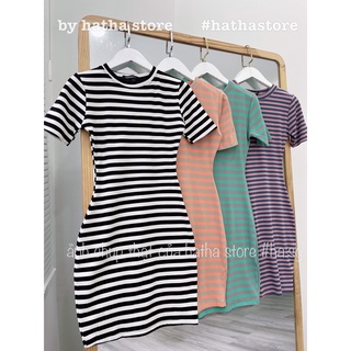 Đầm body thun sọc màu ngang tay ngắn kèm ảnh thật