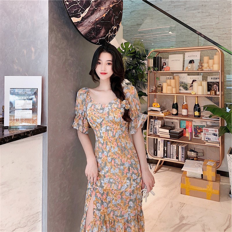 Đầm Tay Ngắn Hoạ Tiết Hoa Phong Cách Retro Quyến Rũ