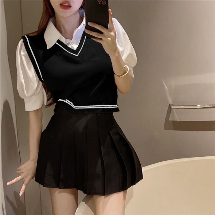 Áo Sweater Ngắn Tay Cổ POLO Giả Hai Lớp Thời Trang Cho Nữ  tao bao