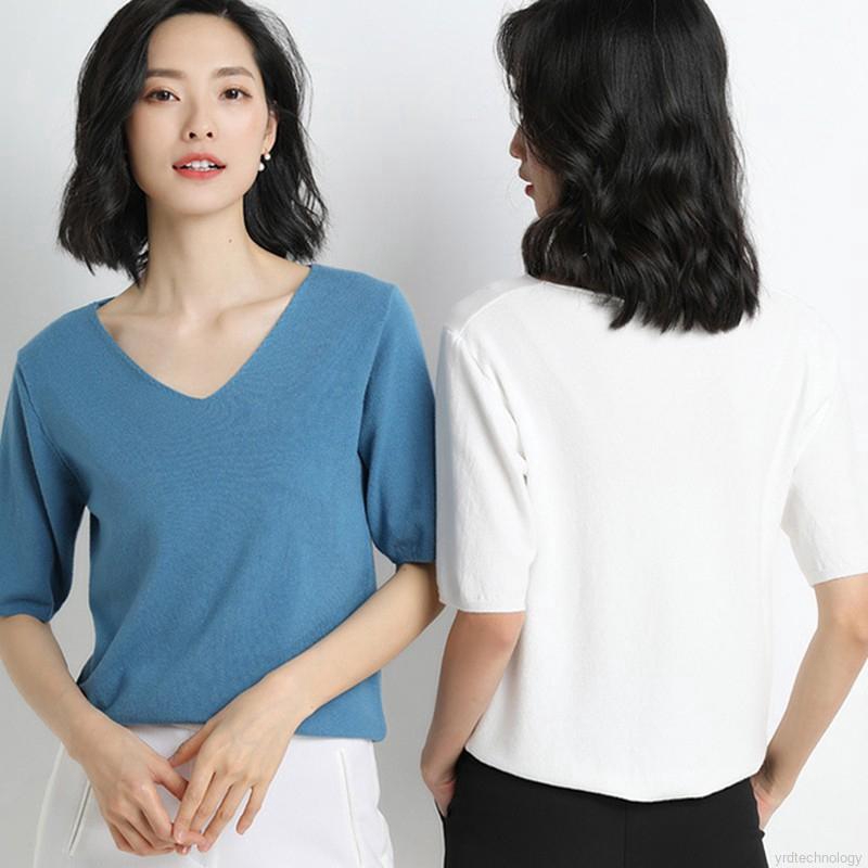 Summer Women V Neck Solid Casual Short Sleeve Simple T-Shirt | BigBuy360 - bigbuy360.vn