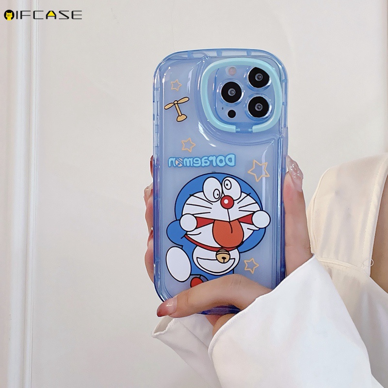 Ốp Điện Thoại Dẻo Trong Suốt Họa Tiết Hoạt Hình Doremon Kèm Giá Đỡ Kiểu Camera Cho iPhone 13 12 11 Pro Max