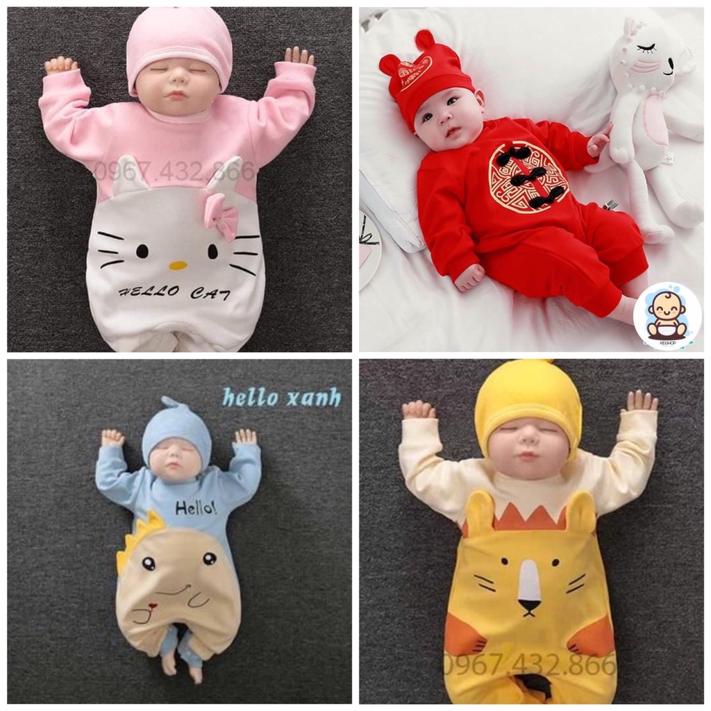 Body hình thú dài tay tặng kèm mũ cho bé từ 4kg-14kg