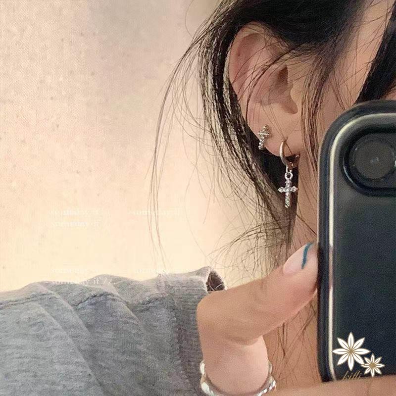 Bông Tai Bạc 925 Hình Chữ Thập Đính Kim Cương Giả Thời Trang